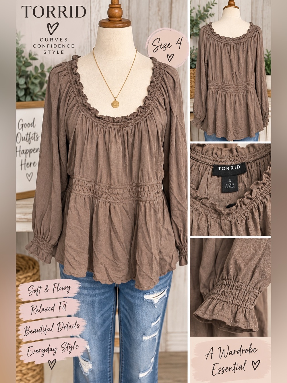 torrid Taupe Brown Ruffled Peasant Tunic